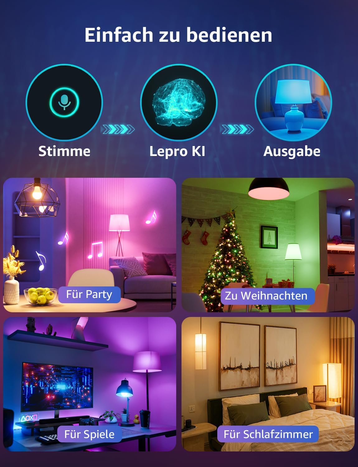 Lepro AI Smart Glühbirne B2, E27 lampe 10W 1100lm Dimmbar, Personalisierter KI-Lichtdesigner, Sprachsteuerung/Musik Sync, WiFi & Bluetooth Smart Bulb, Kompatibel mit Alexa/Google Assistant, 4 Stück