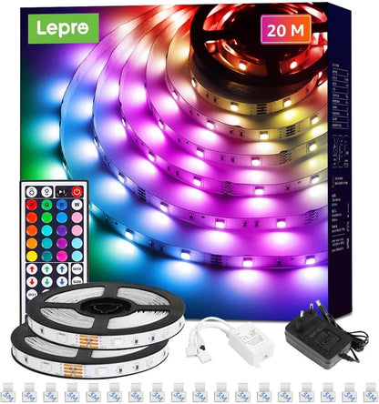 Lepro LED Strip 20M(2x10M) RGB Set, 5050 SMD 600 LEDs Streifen, 12V, LED Band Selbstklebend, Flexibel LED Lichtband, LED Lichterkette IP20, LED Leiste Kette Dimmbar, Netzteil und Controller enthalten