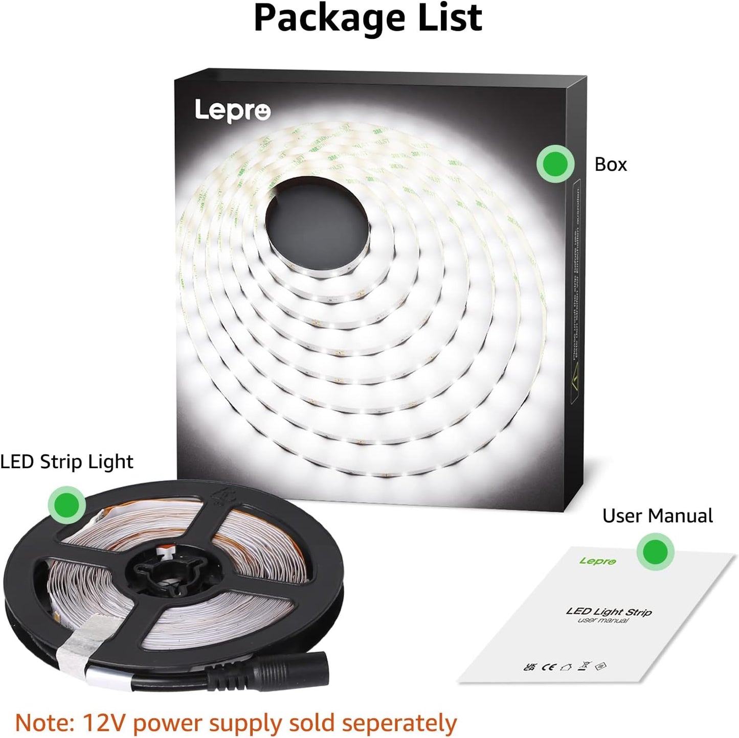 Lepro LED Strip Kaltweiß, 5M LED Streifen 12V Selbstklebend, LED Band mit 300 Stück 2835 LEDs, 6000K 2300 Lumen Weiß Dimmbar Leiste, Kaltweiss DIY Lichtband für Innen Heim Küche Deko,Kein Netzteil