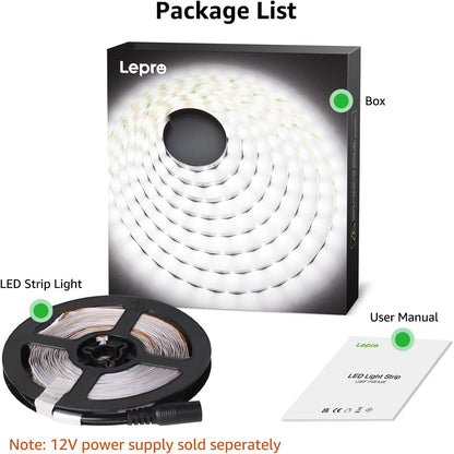Lepro LED Strip Kaltweiß, 5M LED Streifen 12V Selbstklebend, LED Band mit 300 Stück 2835 LEDs, 6000K 2300 Lumen Weiß Dimmbar Leiste, Kaltweiss DIY Lichtband für Innen Heim Küche Deko,Kein Netzteil