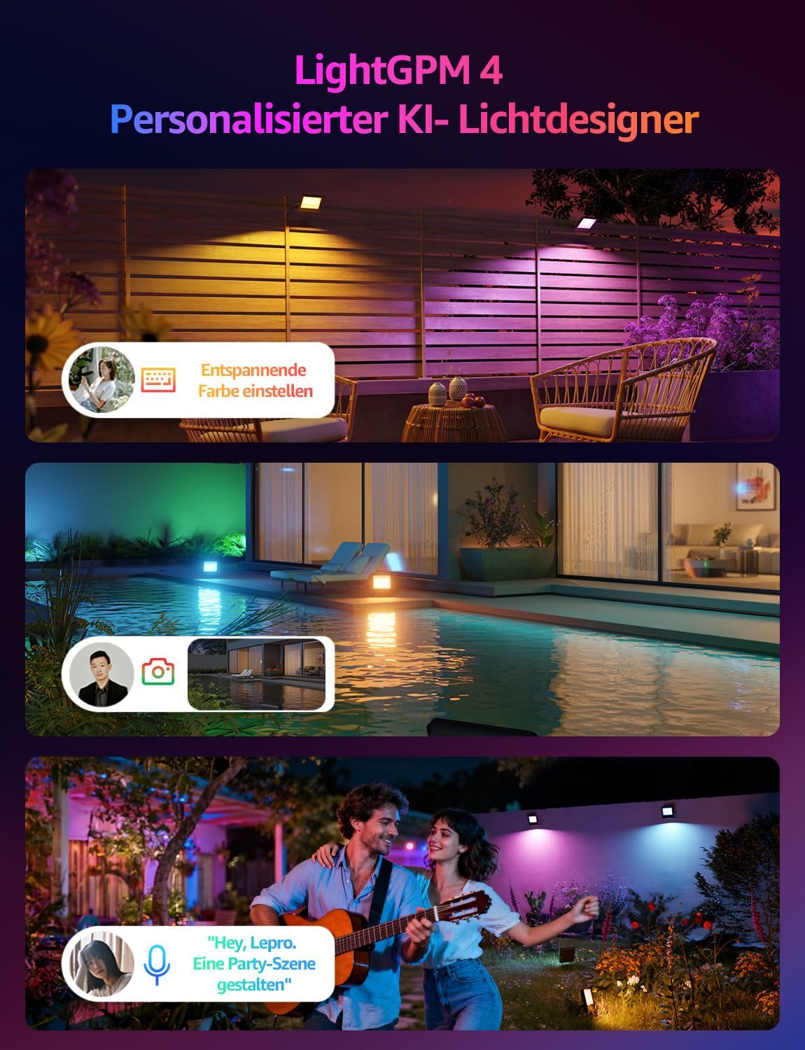 Lepro AI Smart 30W Led Strahler Außen F1, RGB Dimmbar Außenstrahler, Personalisierter KI-Lichtdesigner, Musik Sync/APP Sprachsteuerung, IP65 Wasserdicht Fluter für Garten, Kompatibel mit Alexa/Google