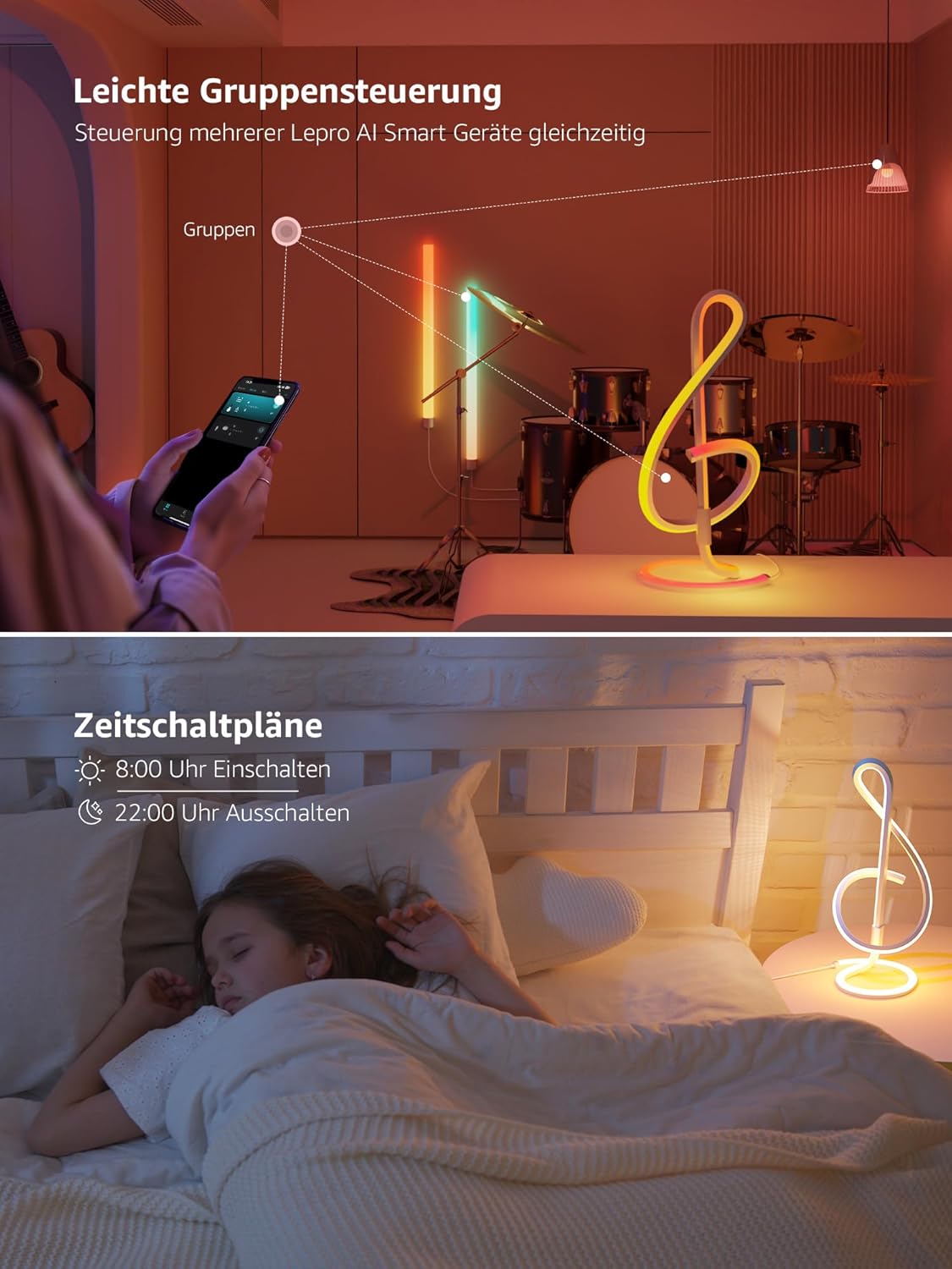 Lepro AI Smart Tischlampe TB2, Personalisierter KI-Lichtdesigner, Musik Sync/APP Sprachsteuerung Tischleuchte, Table Lampe Dimmbar, RGB+IC-Technologie, Kompatibel mit Alexa/Google, Keine Fernbedienung
