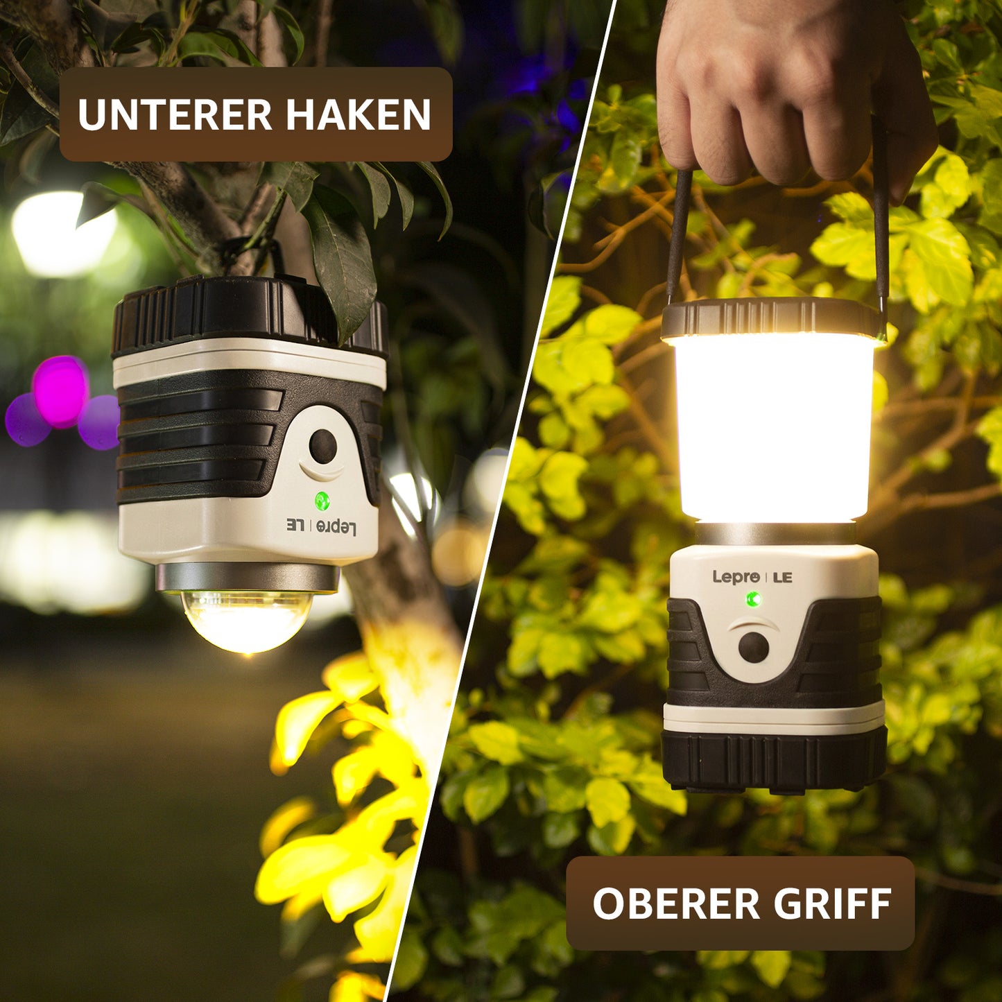 LE Campinglampe wiederaufladbare, 4 Helligkeiten Dimmbar Weiß,| Superhell Tragbar Suchscheinwerfer mit Bügel und Haken, Notfallleuchte für Stromausfällen, Wandern, Notfall, Ausfälle usw [Energieklasse A]