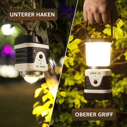 LE Campinglampe wiederaufladbare, 4 Helligkeiten Dimmbar Weiß,| Superhell Tragbar Suchscheinwerfer mit Bügel und Haken, Notfallleuchte für Stromausfällen, Wandern, Notfall, Ausfälle usw [Energieklasse A]