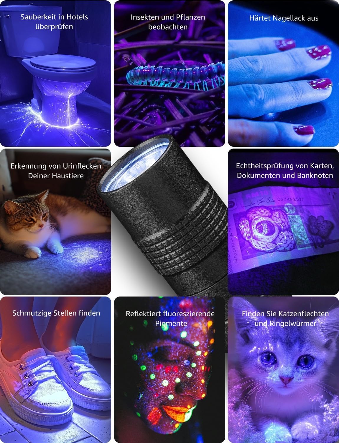 Lepro UV Taschenlampe, 365nm UV Lampe mit Clip, Batteriebetrieben Schwarzlicht Taschenlampe, Vielseitig & Tragbar Bernstein Lampe für Lecksuche, Haustierurin und Falschgeld-Erkennung