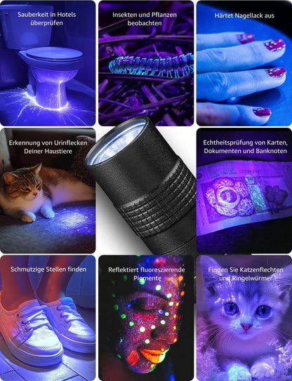 Lepro UV Taschenlampe, 365nm UV Lampe mit Clip, Batteriebetrieben Schwarzlicht Taschenlampe, Vielseitig & Tragbar Bernstein Lampe für Lecksuche, Haustierurin und Falschgeld-Erkennung (2 Stück)