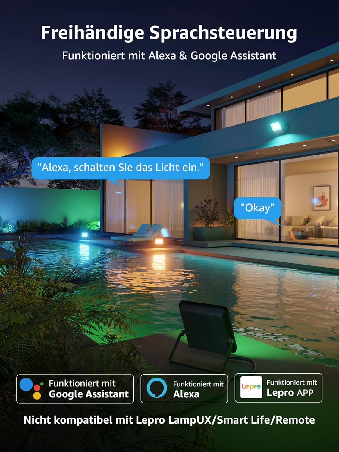 Lepro AI Smart 30W Led Strahler Außen F1, RGB Dimmbar Außenstrahler, Personalisierter KI-Lichtdesigner, Musik Sync/APP Sprachsteuerung, IP65 Wasserdicht Fluter für Garten, Kompatibel mit Alexa/Google