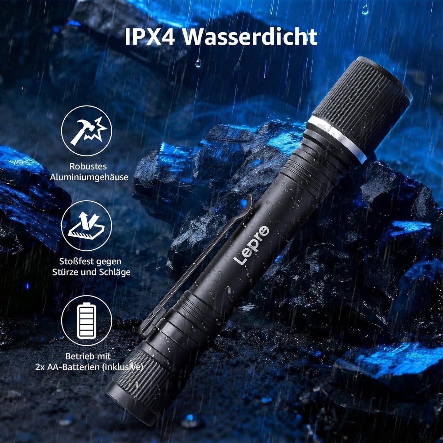 Lepro LED Taschenlampe Klein, Helle Stiftlampe mit Clip, 3 Modi Handlampe, IPX4 Wasserdicht, Robustes Aluminiumgeh?use f¨¹r Camping, Werkstatt, Wandern & Notf?lle, 2x AA Batterien Inklusive