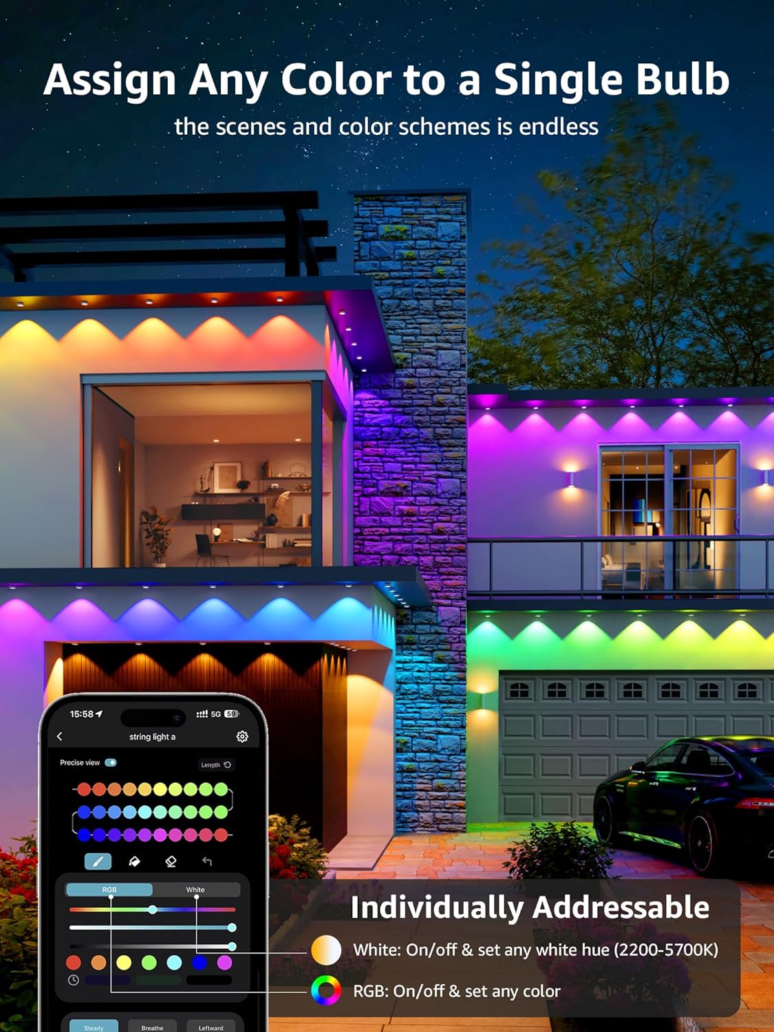 Lepro E1 Permanente Außenleuchte mit 36 LED-Leuchten, intelligenter RGB-Farbwechsel, Traufenlichter, wasserdichte Außenleuchten für Hausverkleidung, App-Steuerung, perfekt für Weihnachten, Urlaub