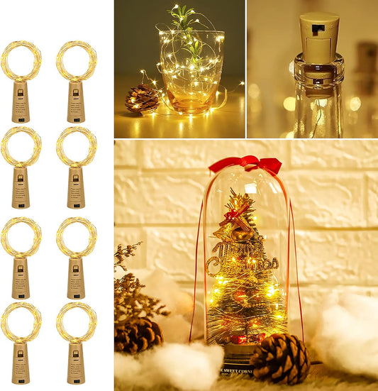 LE Flaschenlicht, 20 LEDs Weinflaschen Lichterkette, 8 Stück 2M Batteriebetrieben Flaschenlichterkette mit Kork, Kupferdraht Lichterketten für Zimmer Außen Innen Weihnachten Party Deko, Warmweiß