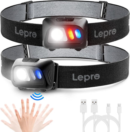 Lepro Stirnlampe USB Wiederaufladbar, Ultrahelle 800L LED Kopflampe mit Gestensensor und Rotlicht, 5 Lichtmodi, Wasserdicht Leicht Stirnleuchte, Perfekt fürs Laufen, Joggen, Angeln, Campen