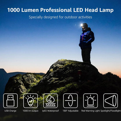 Lepro Kopflampe Stirnlampe Aufladbar, IP65 Superhell 1000 Lumen Abnehmbarer Led Stirnlampe, Kopfleuchte mit Rotlicht, 6 Beleuchtungsmodi für Camping, Sport, Angeln, Handwerk [inkl. USB C-Kabel]