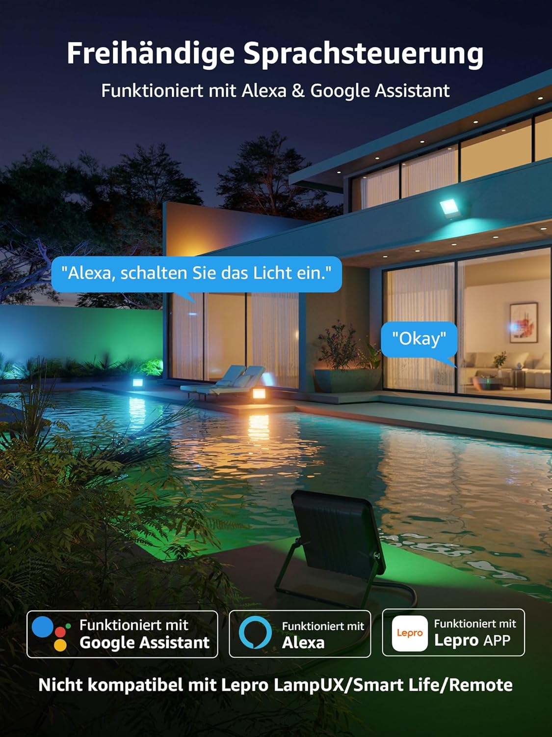 Lepro AI Smart 30W Led Strahler Außen F1, RGB Dimmbar Außenstrahler, Personalisierter KI-Lichtdesigner, Musik Sync/APP Sprachsteuerung, IP65 Wasserdicht Fluter für Garten, Kompatibel mit Alexa/Google