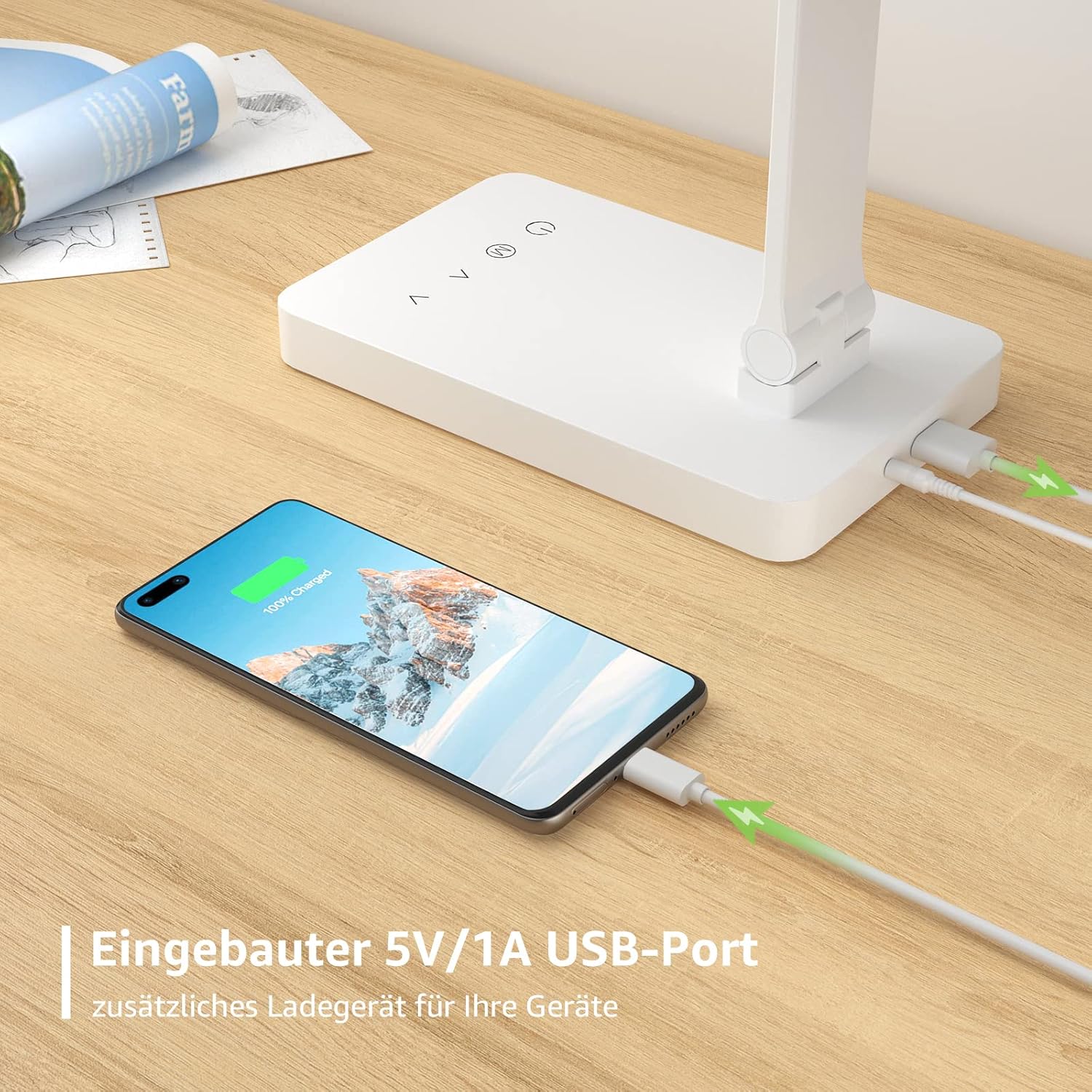 Lepro Schreibtischlampe, LED Tischlampe 15W, 655LM Tischleuchte 3 Farben und 5 Helligkeitsstufen Dimmbar mit USB-Anschluss, Schreibtischleuchte Augenschutz, Leselicht für Zimmer Büro, Weiß