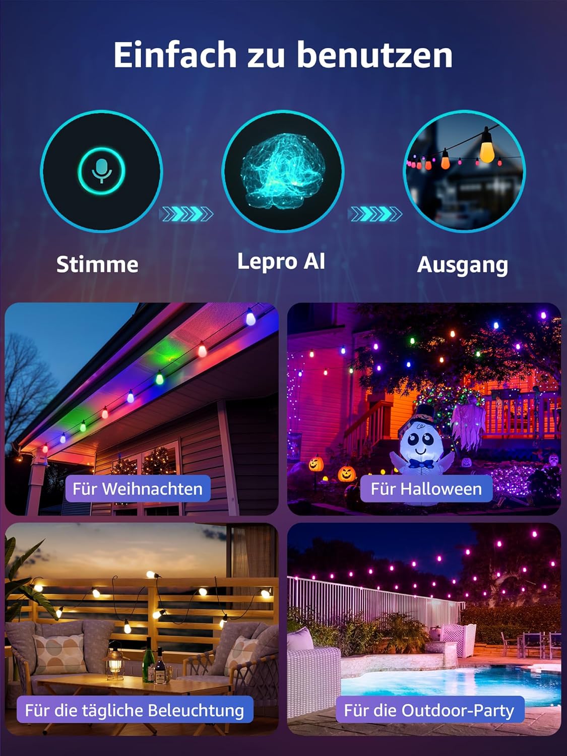 Lepro ZB1 AI LED Lichterkette Außen 30m, RGB+Warmweiß Smarte LED S14 W – Lepro DE