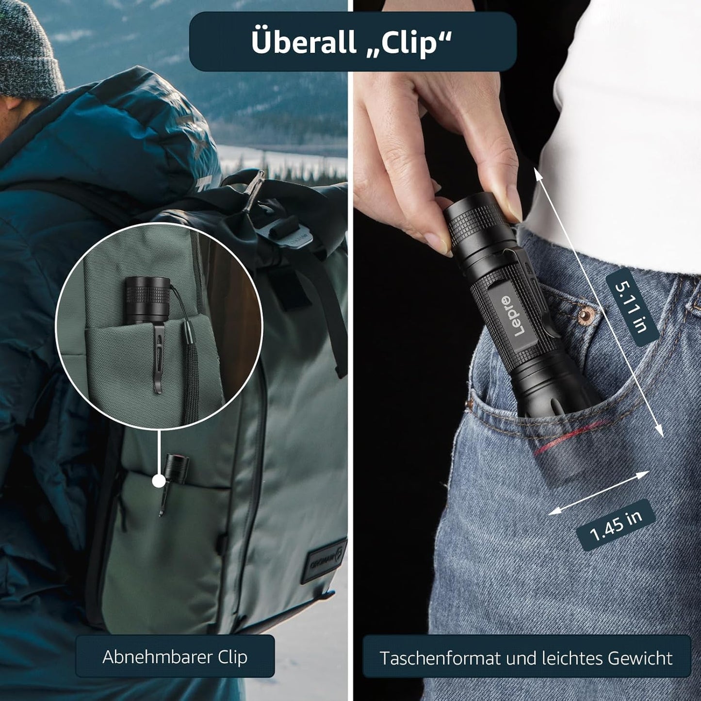 Lepro LED Taschenlampe, LE2050 Extrem Hell, mit Clip, Zoombare Handlampe mit 5 Modi, Wasserdichte Flashlight für Camping, Outdoor, Wandern, Angeln, Geschenk, 2 Stück