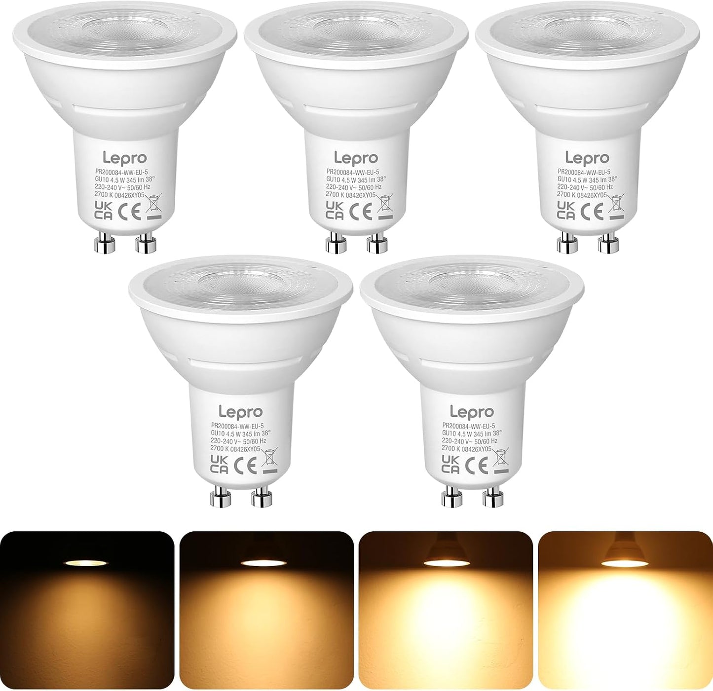 Lepro GU10 LED Warmweiss Dimmbar Lampe, 4,5W 345 Lumen Leuchtmittel, 2700K Warmweiß, Entspricht 50W Halogenlampen, 38° Abstrahlwinkel, Energiesparend, GU 10 LED Dimmbar Glühbirne, 10er Pack