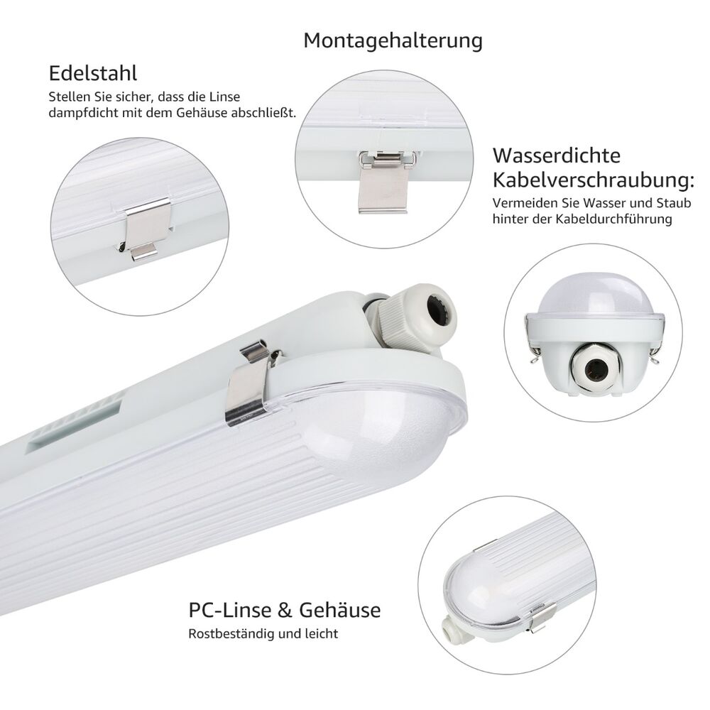 4x LED Feuchtraumleuchte 150cm, 48W 7,200lm Superhell LED Wannenleuchten, LED Feuchtraum Leuchte Neutralweiß 4000K IP65 , Wasserfest Kellerleuchte im Reihenschaltung, Werkstattleuchte, Garage